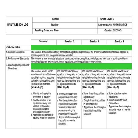 MATHEMATICS DAILY LESSON LOG IN MATATAG DEPED