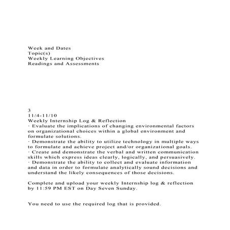 Week and DatesTopic(s)Weekly Learning ObjectivesReadin.docx