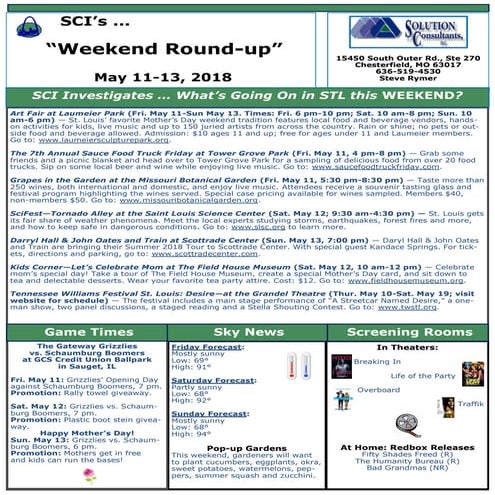 Weekend Round Up Newsletter - May 11-13, 2018