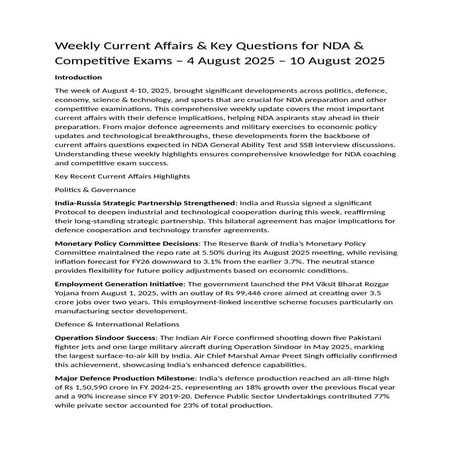 Weekly Current Affairs for Competitive Exams – 4 August 2025 – 10 ...