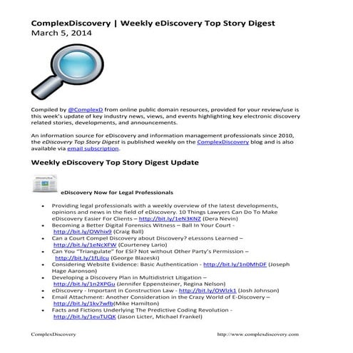 Weekly eDiscovery Top Story Digest - March 5, 2014