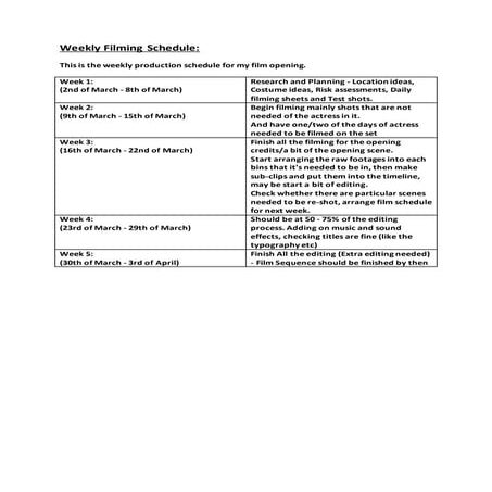 Weekly filming schedule Jushna