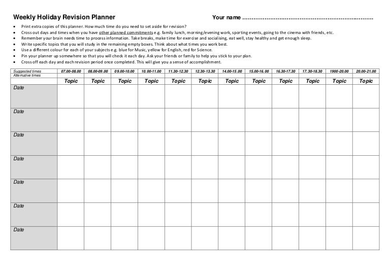 weekly holiday revision planner