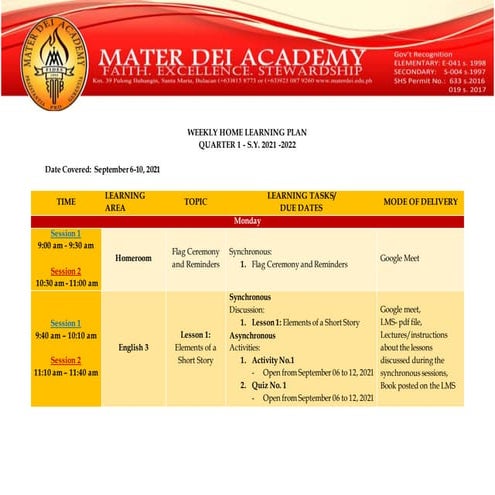 Weekly home learning plan sept. 6-10, 2021 | DOCX