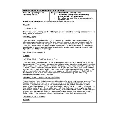 Weekly lesson evaluations 16th - 20th may