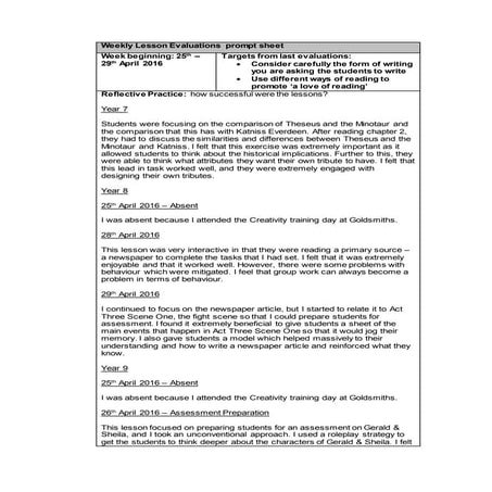 Weekly lesson evaluations 25th - 29nd apr