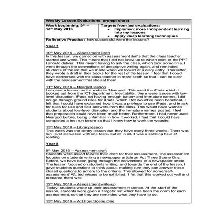 Weekly lesson evaluations 9th - 13th May