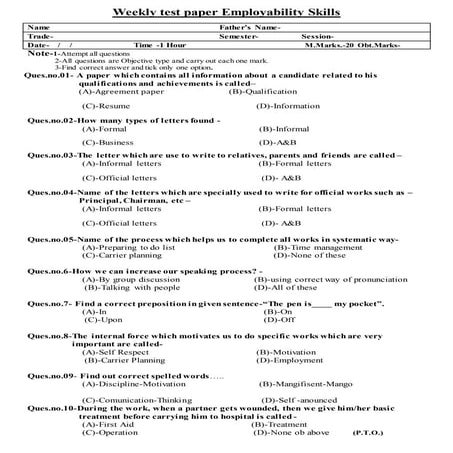 Employabilty Skills Model Paper Prepared By Shakeel Ahamad | DOCX
