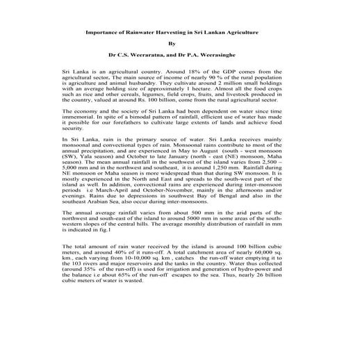 Sri Lanka;  Importance of Rain Water Harvesting in Sri Lankan Agriculture