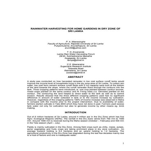 Sri Lanka;  Rainwater Harvesting for Home Gardens in Dry Zone of Sri Lanka