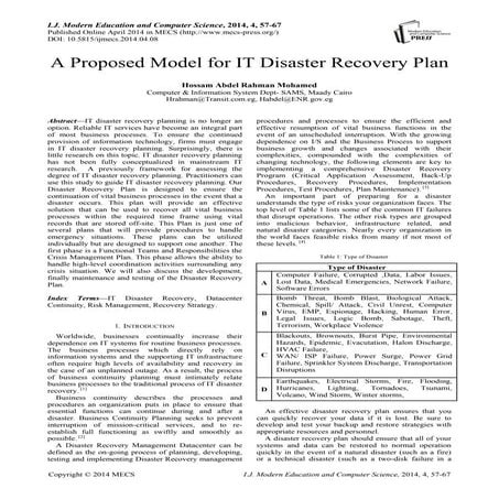 A Proposed Model for IT Disaster Recovery Plan