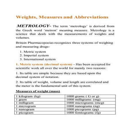 Weights measures n abbrevations