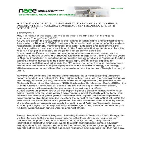 Welcome address by the chairman 8th edition of naee 23 Oct 2018