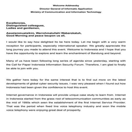 Welcome Address by Director General of Informatic Application Ministry of Communication and Information Technology