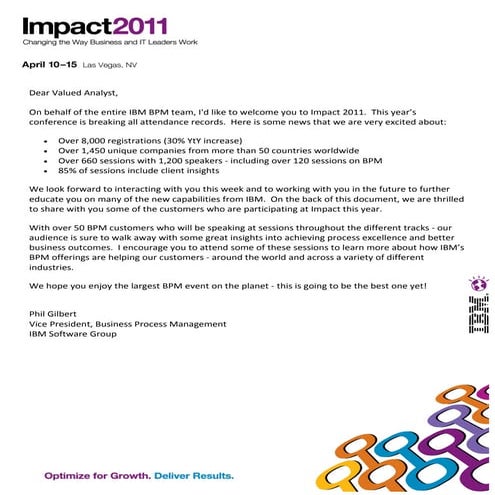 Welcome letter from phil gilbert with list of bpm customer speakers
