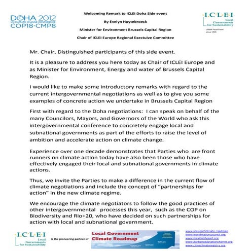 Welcoming remark to iclei doha side event by evelyn huytebroeck