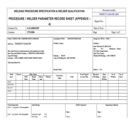Welder parameter sheet | DOC