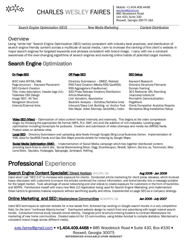 wes faires search engine optimization seo resume
