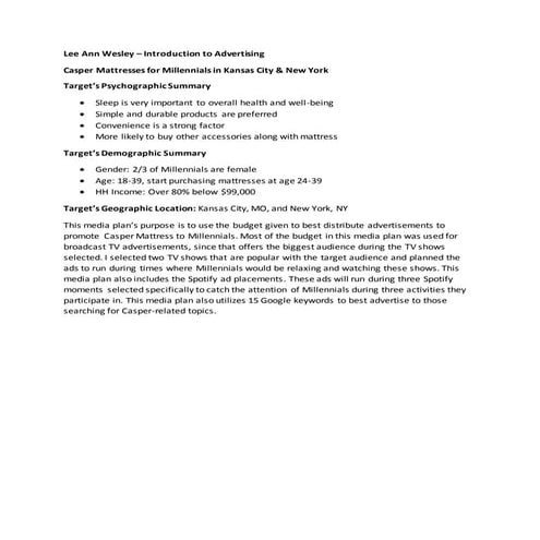 Lee Ann Wesley - Casper Media Plan