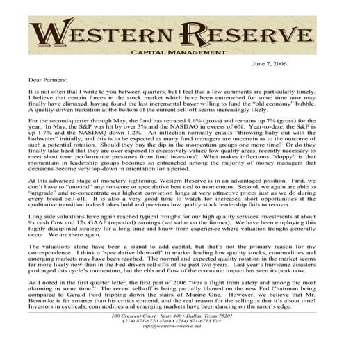 Michael Durante Western Reserve June 2006 letter