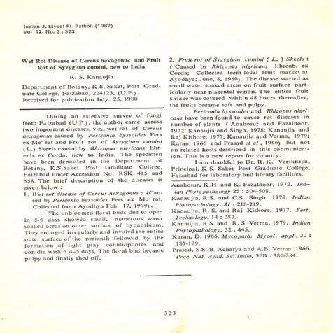 Wet rot disease of Cereus hexagonus and fruit rot of Syzygium cumini, new to ...