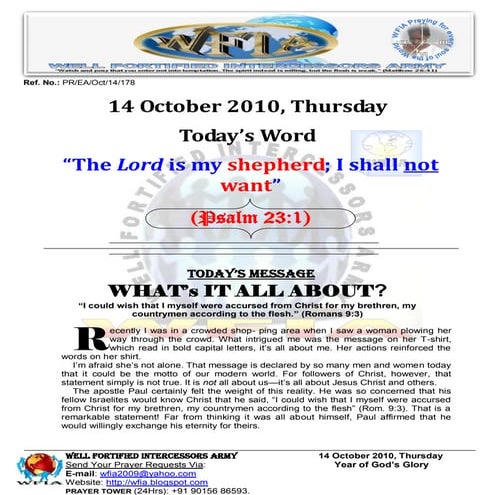 WFIA, Prayer For 14 October 2010
