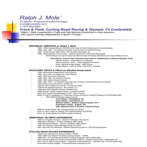 Windfall Productions/Ralph J Mole´ Track and Field Credentials