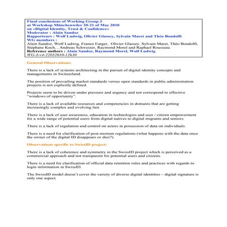 Final conclusions of Working Group 3 at Workshop Münchenwiler 20-21 of May 20...