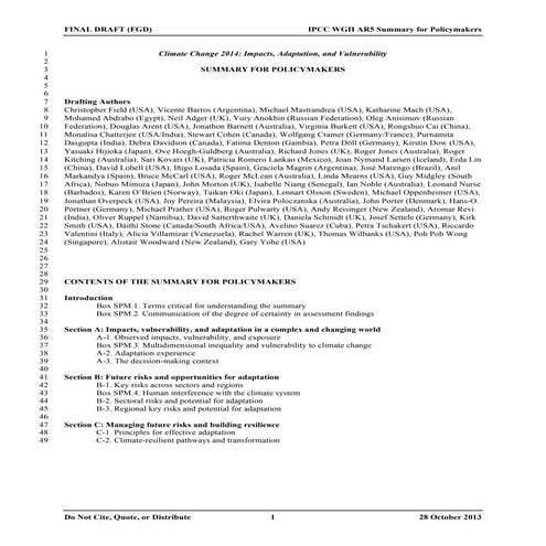 IPCC Working Group II Report ("Final Draft," 10/28/13)