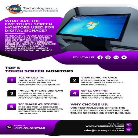 What are the Five Touch Screen Monitors used for Digital Signage?