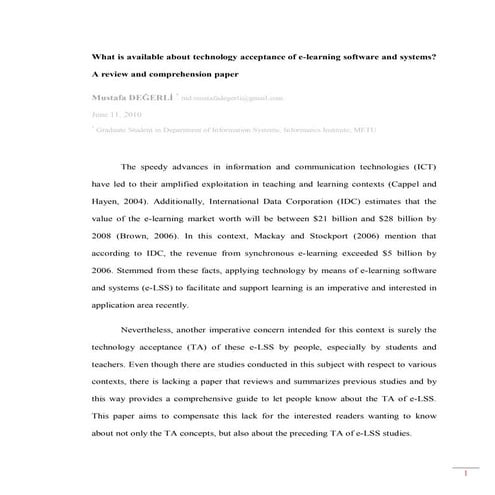 Mustafa Degerli - 2010 - What is available about technology acceptance of e-l...
