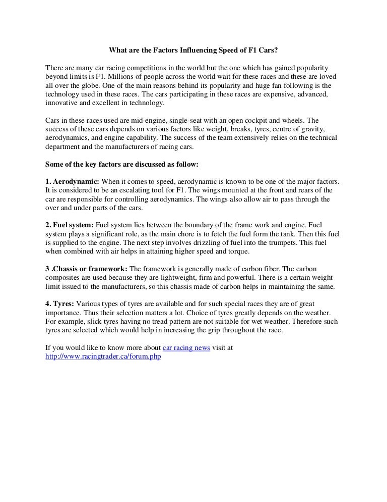 What are the Factors Influencing Speed of F1 Cars 