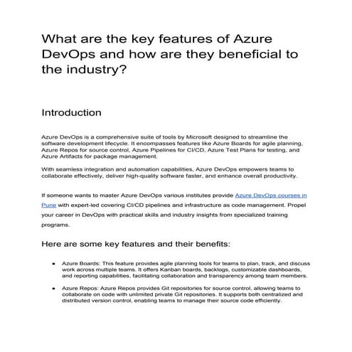 What are the key features of Azure DevOps and how are they beneficial to the industry.docx