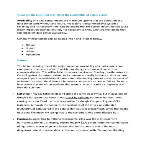 What are the risks that may affect the availability of a data center