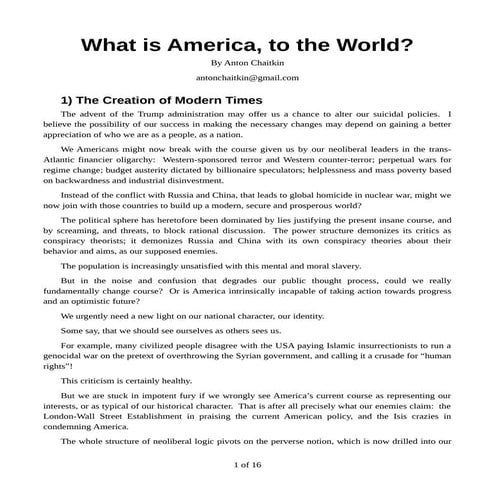 GUEST ESSAY -- WHAT IS AMERICA TO THE WORLD -- by TONY CHAITKIN