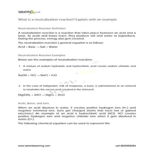 What is a neutralization reaction   class 10 science