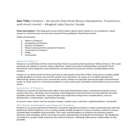 Cholera – An Acute Diarrheal Illness (Symptoms, Treatment, and much more)