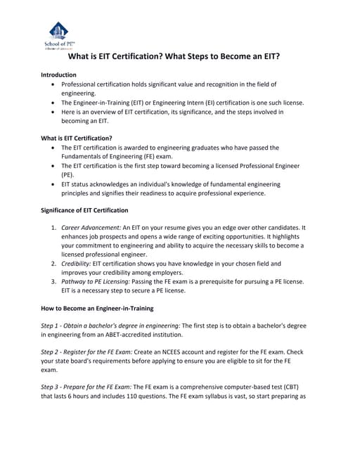 What is EIT Certification What Steps to Become an EIT PDF What is EIT Certification What Steps to Become an EIT PDF