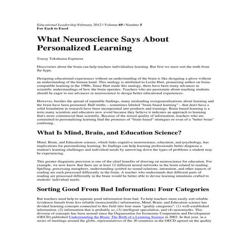 What Neuroscience Says About Personalized Learning. By Tracey Tokuhama-Espinosa
