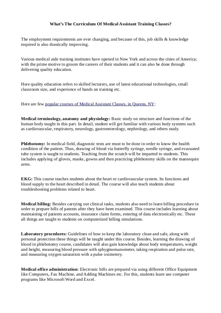 whats the curriculum of medical assistant training classes free medical office assistant training