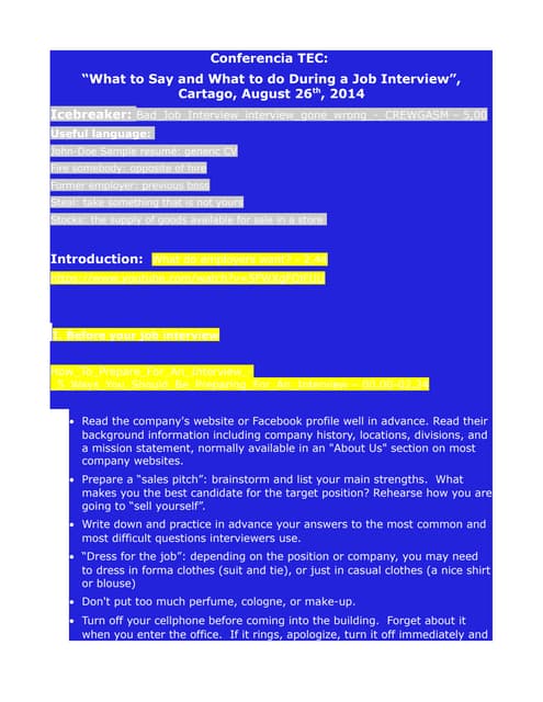 Job interview questions worksheet | DOC
