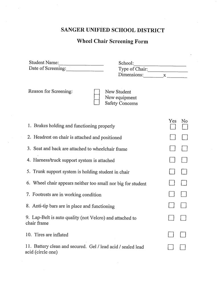 Wheel chair screening form