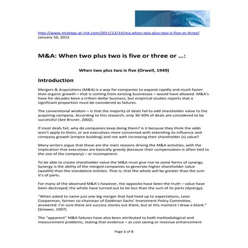 M&A analytics: When two plus two is five or three or .