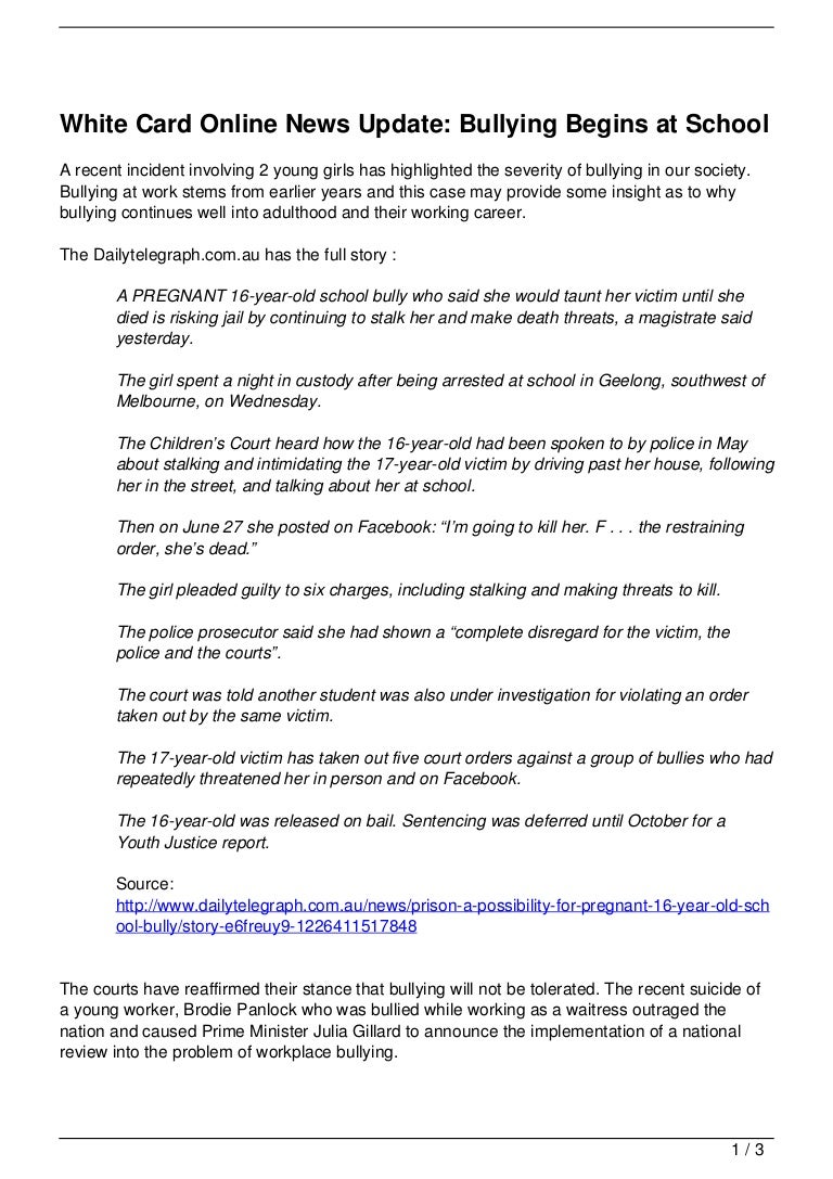 White Card Online News Update Bullying Begins at School