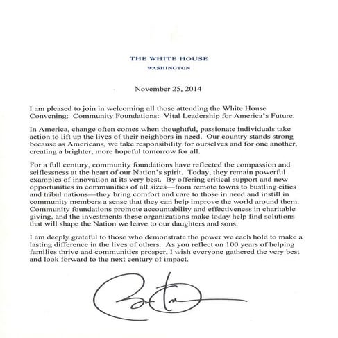The President's Message for the White House Convening on Community Foundations