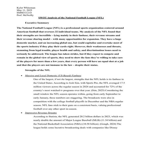 Kyler Whiteman's SWOT Analysis of the NFL