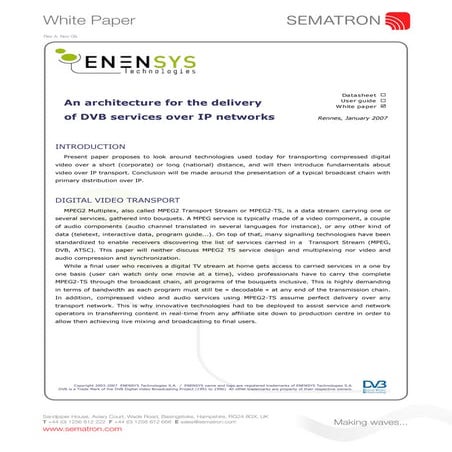 Enensys - An Architecture for the Delivery of DVB Services Over IP Networks