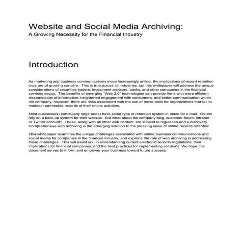 Web and Social Media Archiving: A Growing Necessity For the Financial Industry