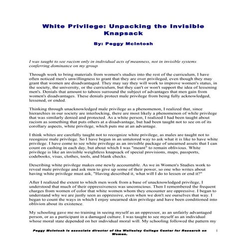 White Privilege Unpacking The Invisible Knapsack