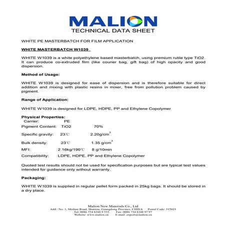 MASTERBATCH BLANCO PE12309 TDS | PDF